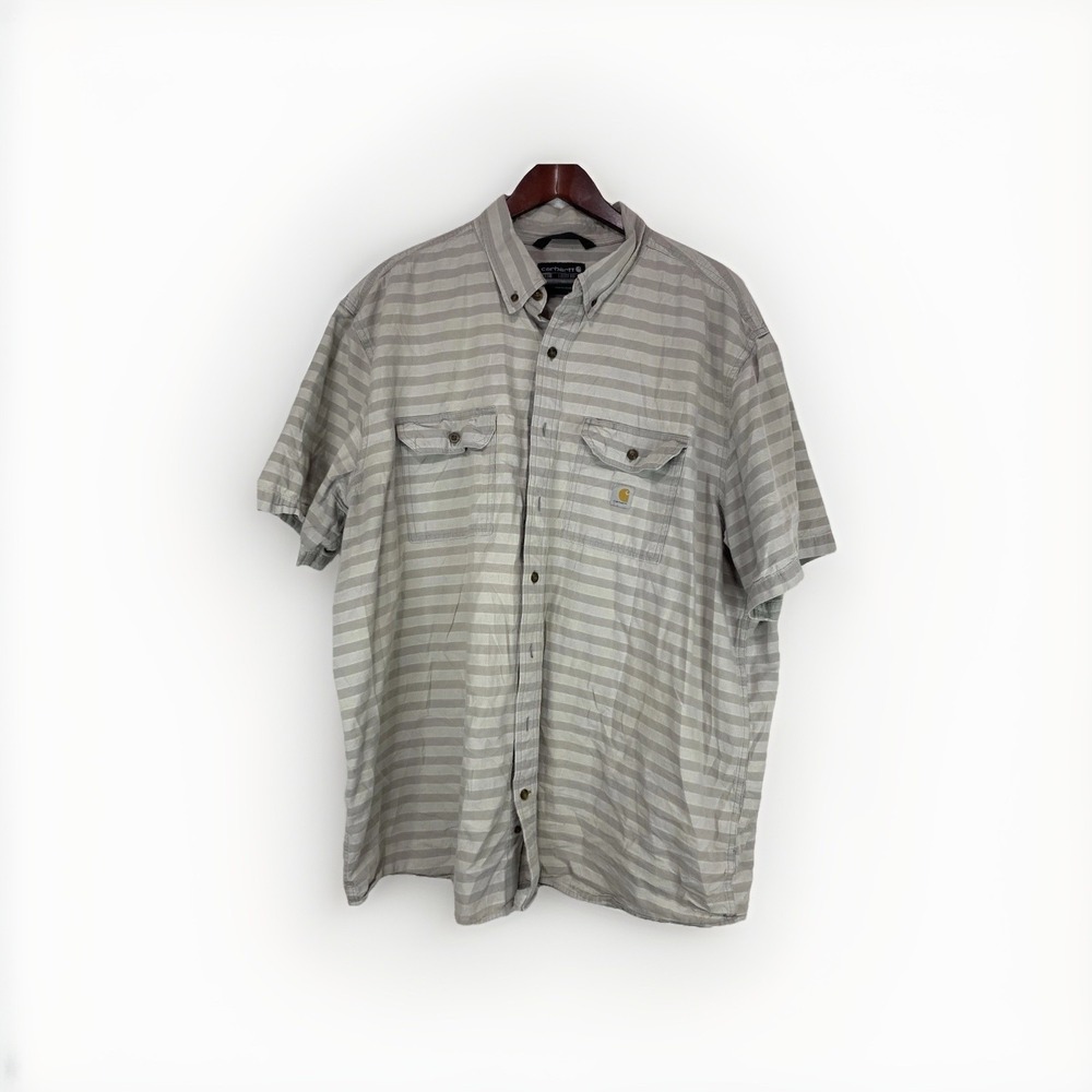Carhartt Mens 3XLT Short Sleeve Loose Fit Front Pocket Gray Button Down Shirt